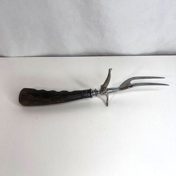Stainless Carving Fork VTG Solid Wood Handle with Finger Grooves Kickstand MCM - Picture 2 of 14